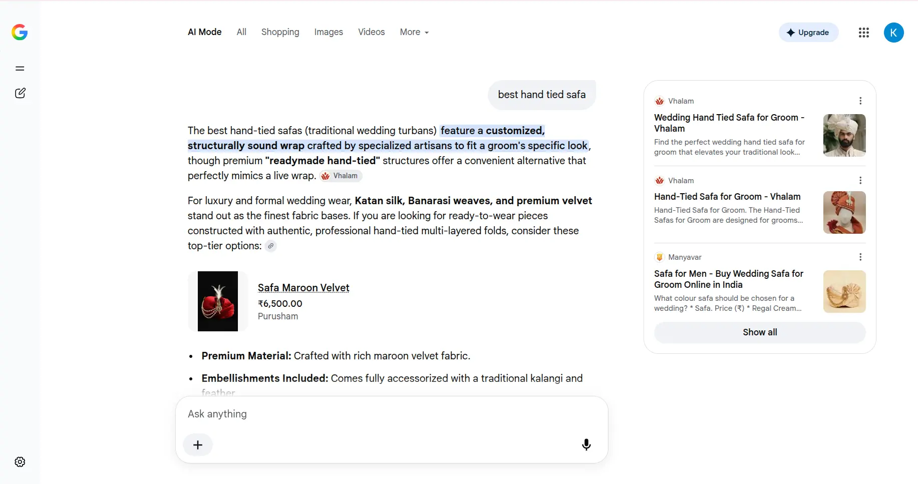 Google AI Overview featuring Vhalam